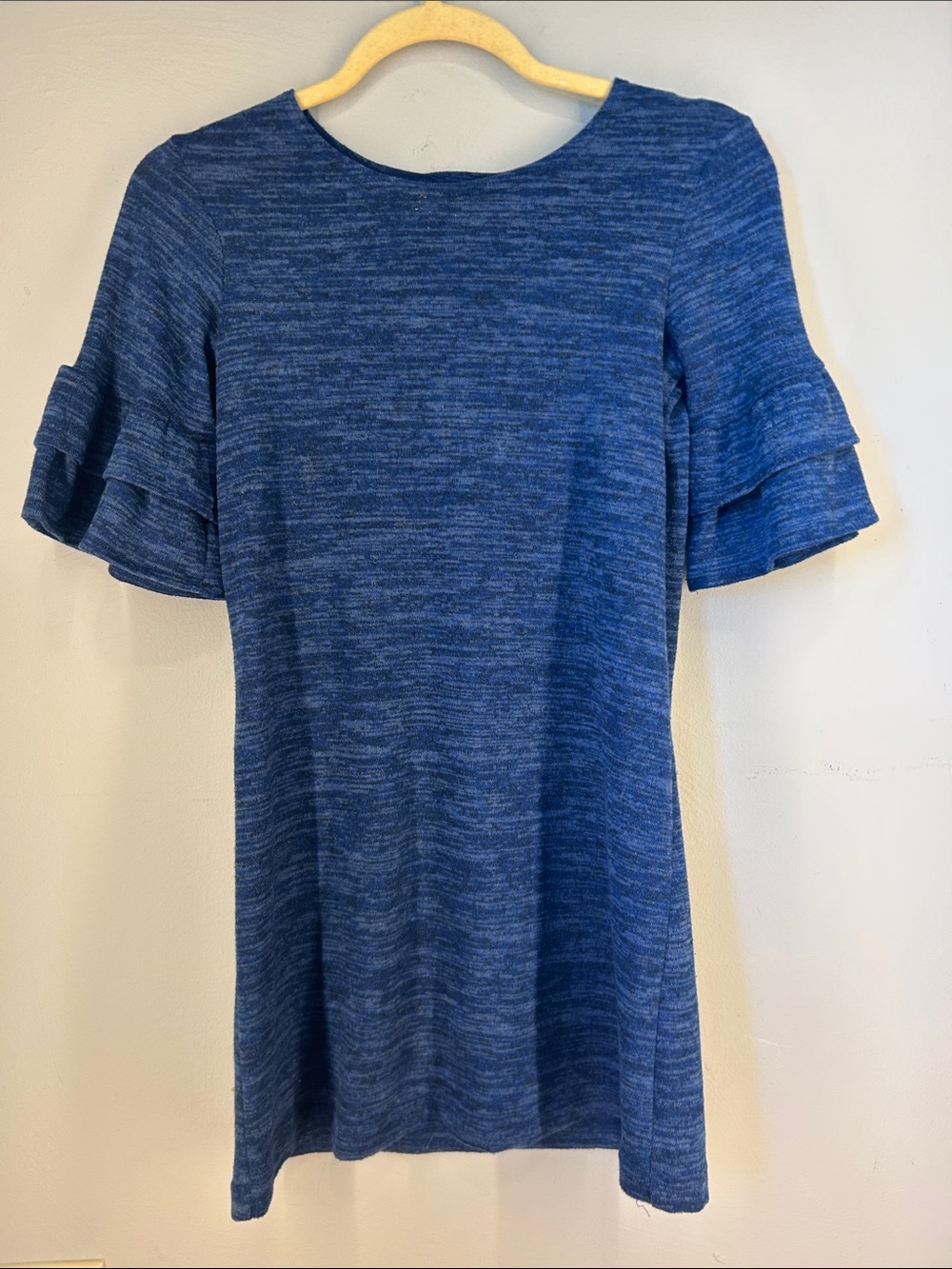 Girls' Heathered Blue Midi Dress with Ruffle Sleeves